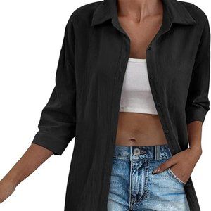 Zeagoo 100% Cotton Linen 3/4 Sleeve Oversized Button Down Shirt Womens NWOT sz L